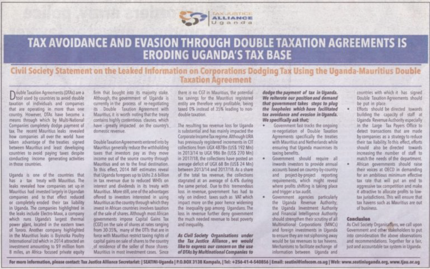 Tax avoidance and evasion through double taxation agreements is eroding Uganda’s tax base